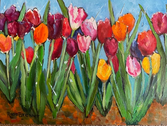 Tulip flowers original oil painting, April showers May flowers, tulip spring flower garden, bedroom mantle artwork, bright rainbow colors