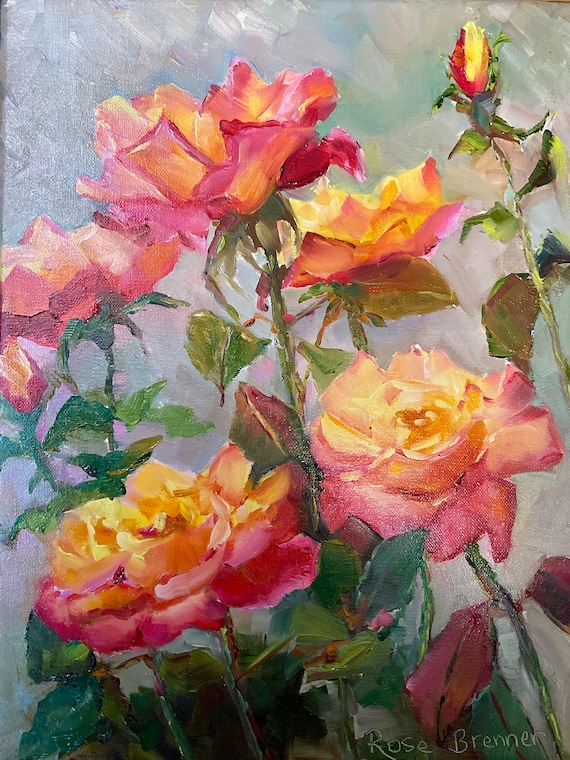 Rose flower original canvas painting, office decor, Victorian roses, bathroom bedroom wall art floral home decor, modern floral pink roses