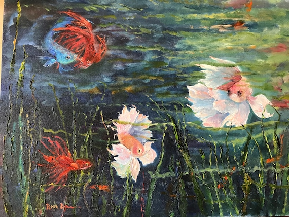 Fish painting, Angel Fish, XLPainting, Deep Blue Sea, Ocean Painting, Ying Yang
