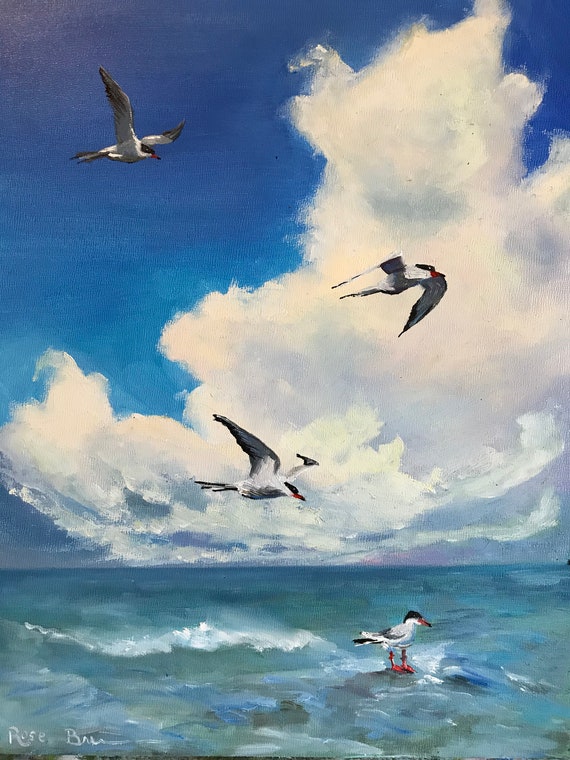 Bird ocean blue sky original painting, bright earthy colors, bedroom bathroom art, modern birds fine art, beach seagulls