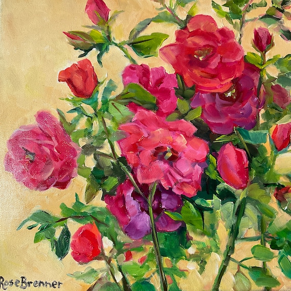 Red Rose original oil canvas painting, Van Gogh style rose flowers, bedroom office decor bright earth tones, Victorian modern style