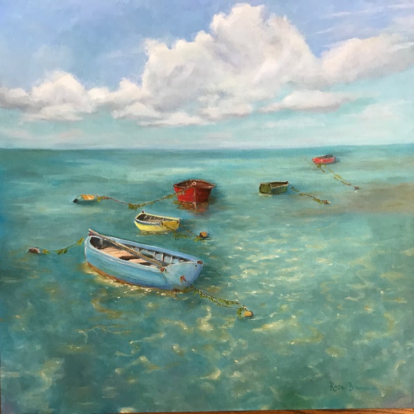 Boat painting, Ocean painting, XL Landscape painting, beach painting, extra large canvas painting,