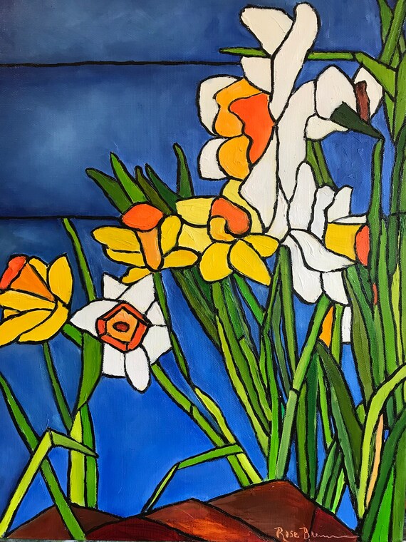 Daffodil flower original canvas, bright vivid colors bedroom office kid decor, Tiffany lamp style painting robin egg cobalt blue
