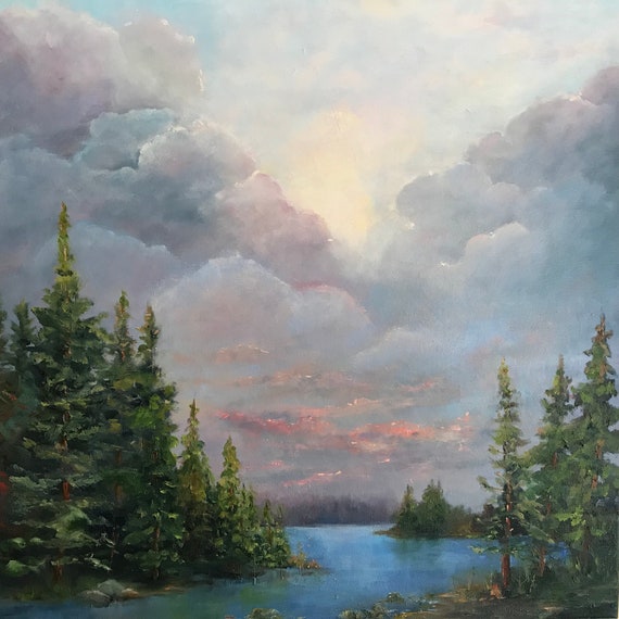 Rosy sky original canvas oil painting, extra large US artist wall art, neutral pastel colors office bedroom decor signed river landscape