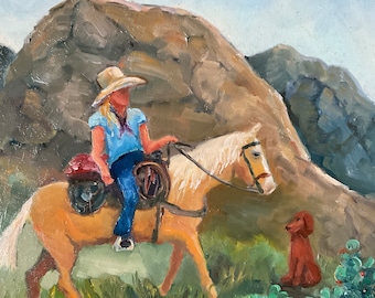 Cowgirl, Girl horse dog, living room art, canvas painting, wall decor, western scene, Landscape Painting