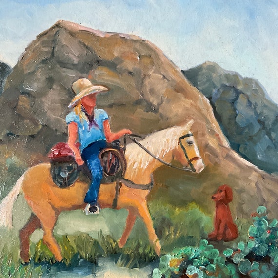 Cowgirl, Girl horse dog, living room art, canvas painting, wall decor, western scene, Landscape Painting