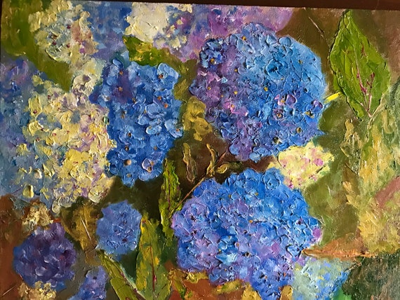 Blue flower art, Blue Hydrangas, Oil Painting, Plein Air Landscape, Monet's Garden, floral home decor