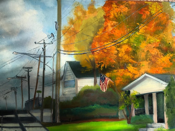 Small town cityscape, Bedford Indiana, Cityscape painting, city scene, street scene, fall painting, Americana art