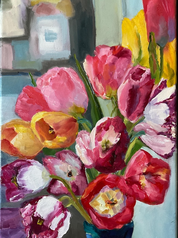 Spring tulips original artwork by US artist, floral home decor, living room art, canvas painting, gift ideas for gardeners, Van Gogh style