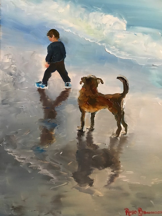 Boy painting, dog painting, beach painting, boy and dog, nursery painting