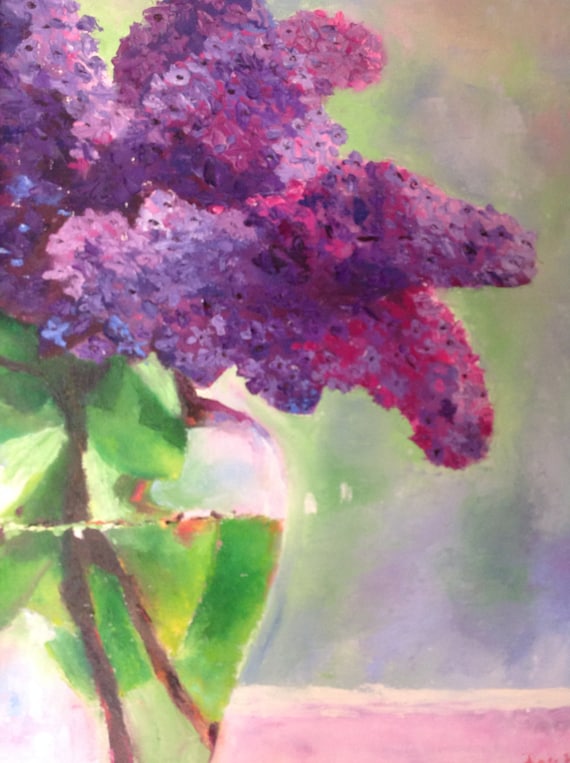 Purple lilac flower Oil Painting, Spring Flowers Monet's Garden, Purple Flower Art bathroom bedroom decor, US artist bright pastel garden