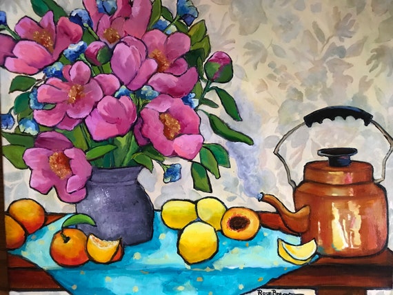 Tea, flowers, tea painting, still life, canvas painting, pink flowers,