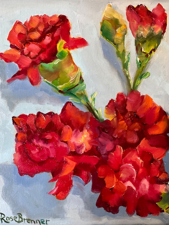 Red vivid scarlet flowers, original canvas painting, floral wall art, bathroom bedroom office art, bright primary colors modern gift idea