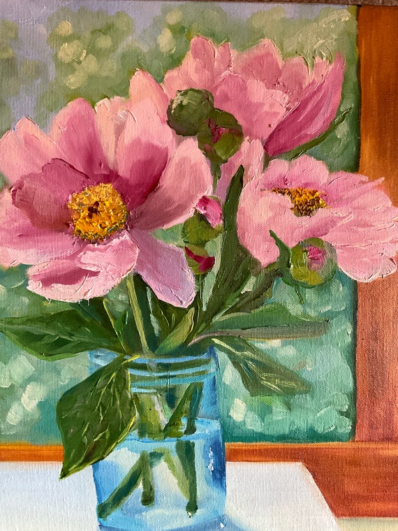 Flower Painting, pink flowers, Still Life, pink peonies, Bedroom Decor, Living Room Art, floral home decor