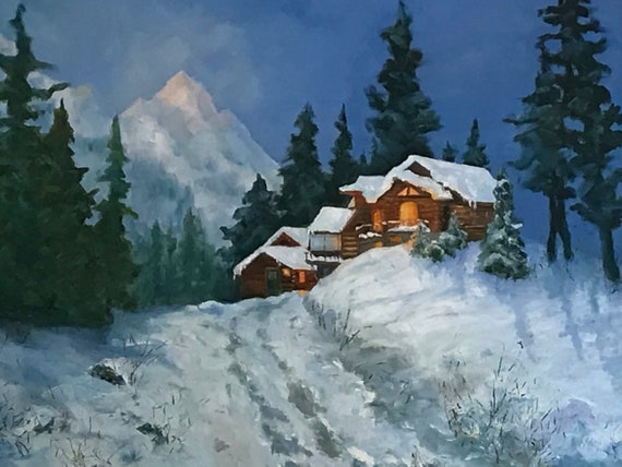 Night Snow Painting, XL Painting, winter mountain decor, snow scenery, evergreens, western painting