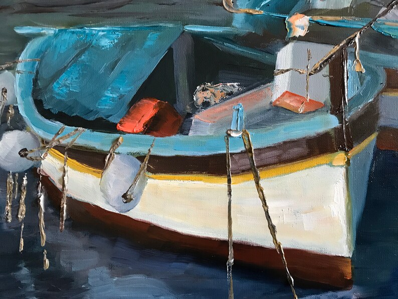 boat painting, blue boats, ocean painting, marina, canvas painting image 4