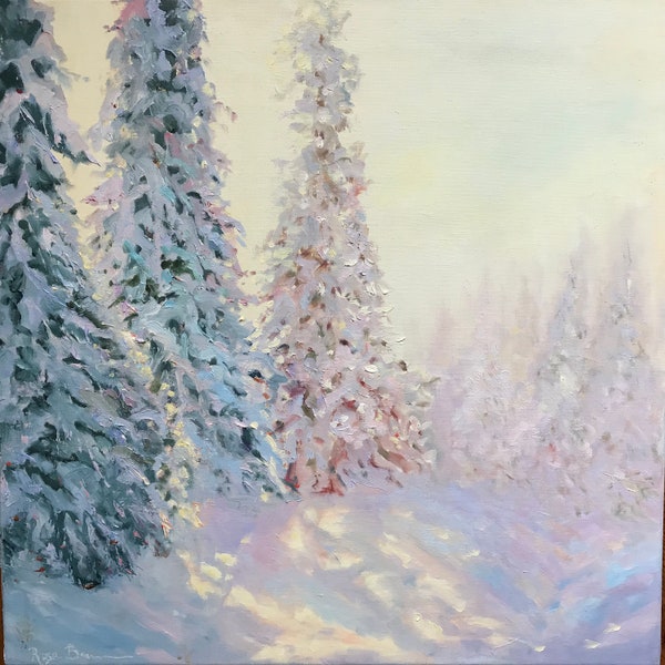 Sunshine painting, Sunrise Painting, XL Landscape Painting, Evergreen Trees Art, Winter Painting