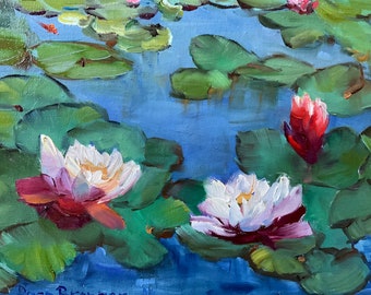 Fish painting, Lily pond, Monet style lily pond, Lilies, frog Painting, lily pads, living room art, canvas painting, home decor, wall decor