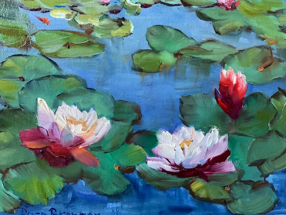 Fish painting, Lily pond, Monet style lily pond, Lilies, frog Painting, lily pads, living room art, canvas painting, home decor, wall decor