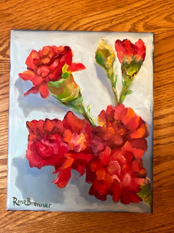 Red vivid scarlet flowers, original canvas painting, floral wall art, bathroom bedroom office art, bright primary colors modern gift idea