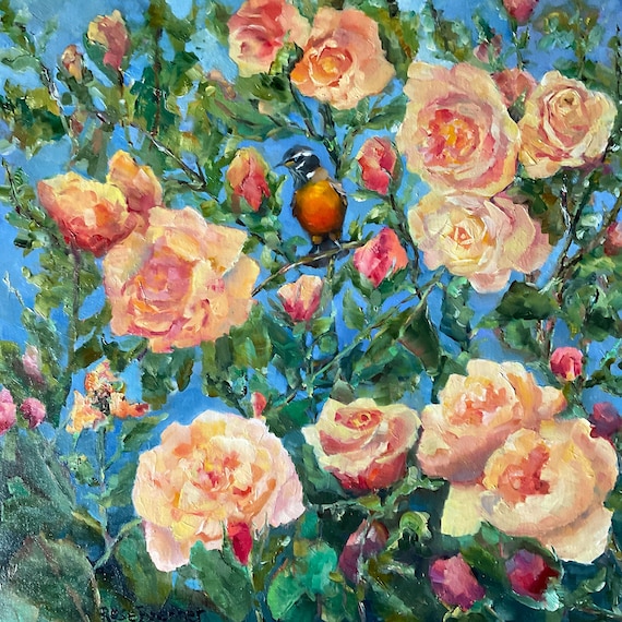 Rose original canvas oil painting office decor Victorian cabbage roses extra large gift ideas for women, moms housewarming, 20x20