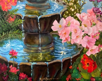 Fountain, flower painting, canvas flower art, Easter flowers, spring flowers, water fountain