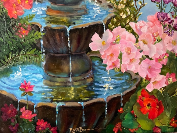 Easter flower canvas original oil painting, bright spring flower garden water fountain, bedroom office art, earthy minimalist living room