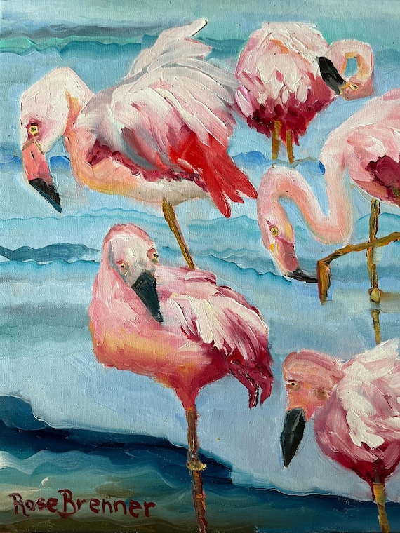 Flamingo bird original oil painting canvas, bright colors, whimsical bedroom art, gift ideas for women, pink flamingos, Florida painting