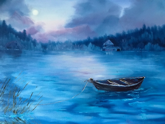Night Painting, Nocturne, Large Oil Painting, Lake Painting, Gifts for a Woman, Moon Art, Blue Boat