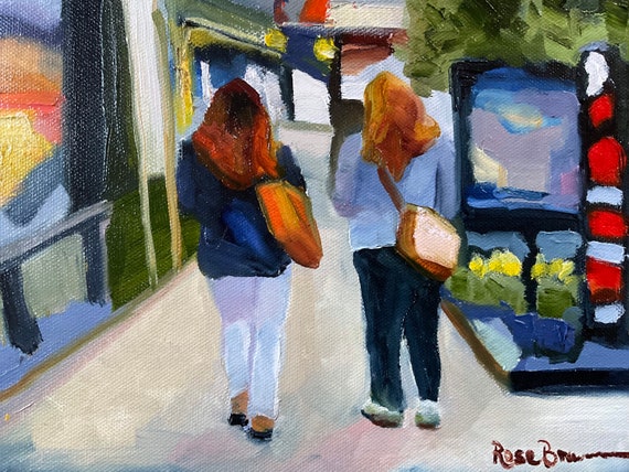City walkers shop painting, abstract cityscape art, women on city street entryway art, original US artist canvas