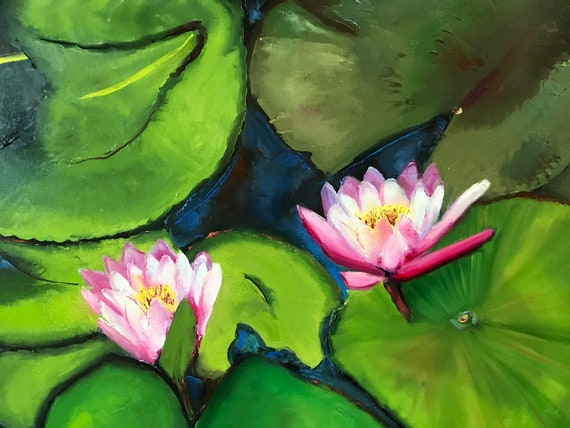 Lilies painting, water lily pond bright green, Monet style painting office bathroom art, sister gift, minimalist viridian fuchsia lily
