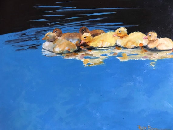 Bird Painting, ducks, duck painting, chicks, realism, spring birds, realism painting, cobalt blue