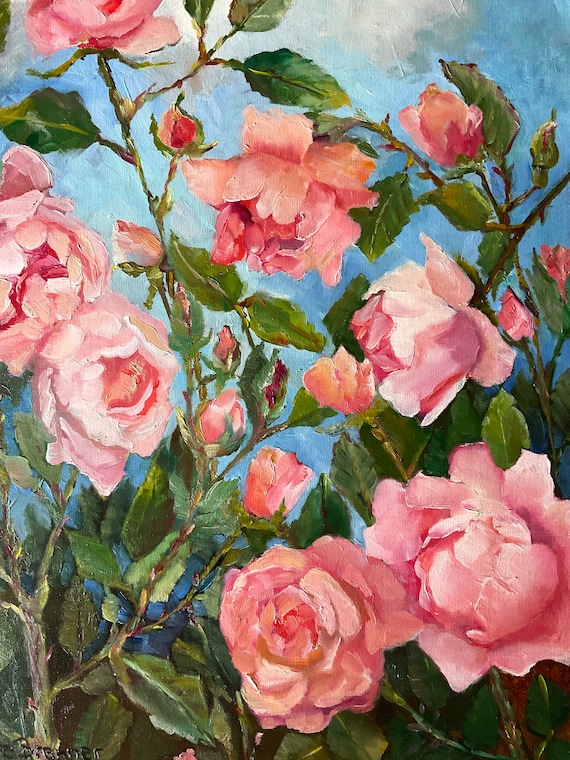 Roses, pink rose painting, rose art, office decor, Victorian roses, cabbage roses