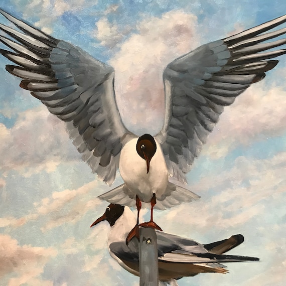 Bird original extra large oil canvas painting, blue sea sky, sea gulls wall art, office decor bright earth tones, living room art