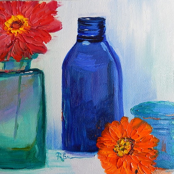 Blue Bottles, Burnt Orange, tiny painting, orange zinnia flowers, still life