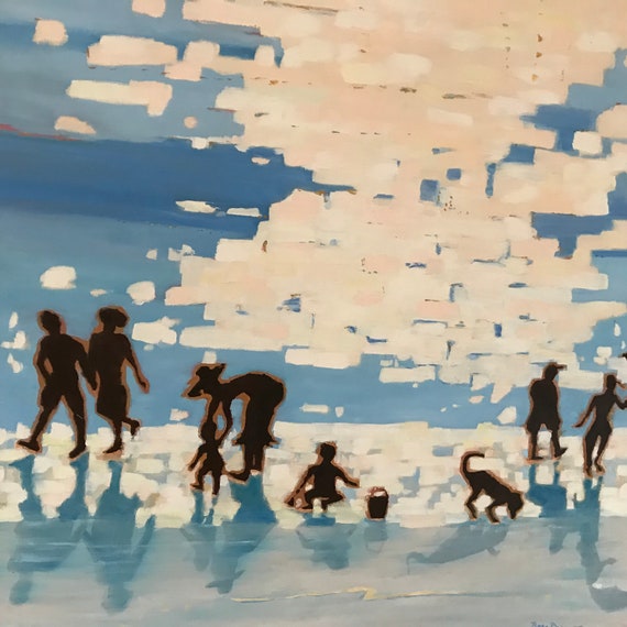 Beach Abstract original oil painting extra large canvas for living room, people on the beach ocean
