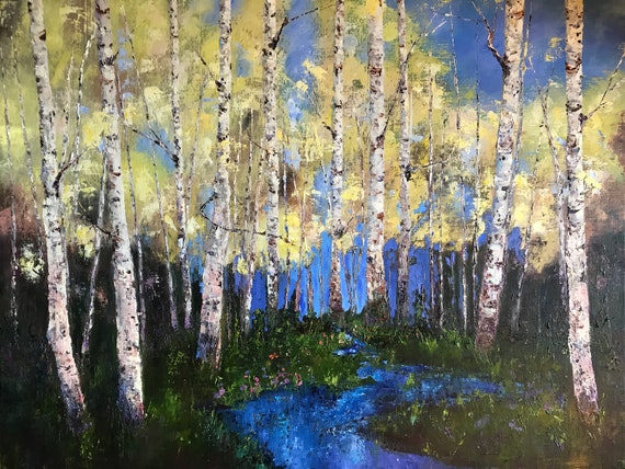 Birch painting, woods, forest, XL Painting, western painting, beige trees, aspen trees