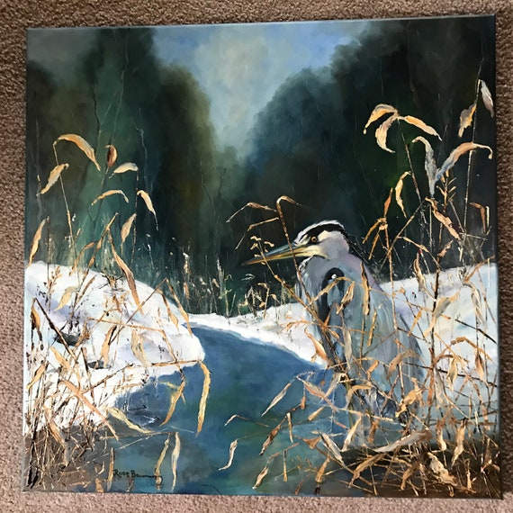 Bird Painting, Large oil Painting, blue crane, heron painting, marsh painting, goose pond painting