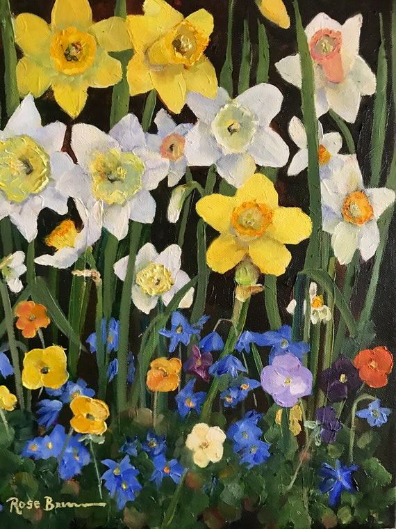 Flower Painting, spring flowers, Still Life, pansies, daffodils, Bedroom Decor, Living Room Art