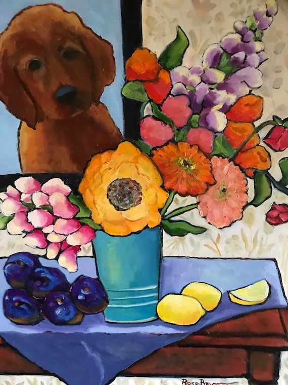 Puppy painting, flower painting, still life, canvas art, food art, plums, lemons, dog painting, US artist