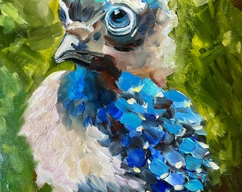 Peacock, nursery art, canvas painting, baby peacock, wall decor, baby shower gift, peacock blue