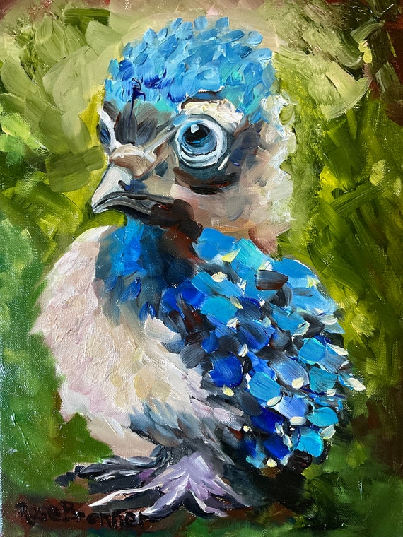 Peacock, nursery art, canvas painting, baby peacock, wall decor, baby shower gift, peacock blue