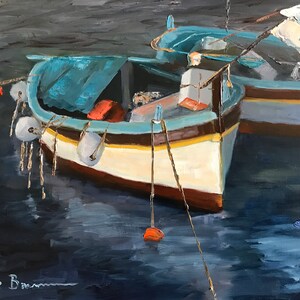 boat painting, blue boats, ocean painting, marina, canvas painting image 1