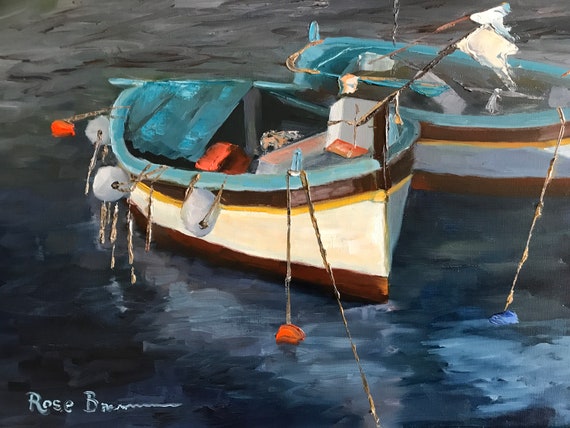 boat blue ocean painting, canvas bathroom marine, Monet style impression oil bright colors, gift for a man office wall art, nautical boat