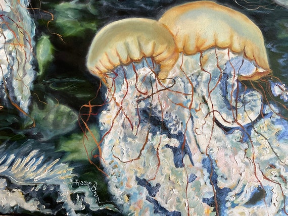 Fish jellyfish original oil painting aquarium, office mantle wall decor extra large canvas, hyperrealism earth tones, free shipping father’s