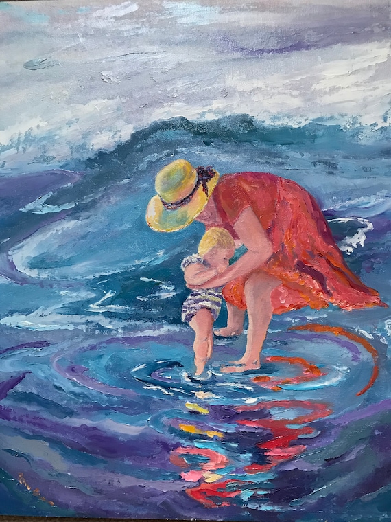 Child and Mother at Beach original extra large Painting, nursery baby gift, bright earthy colors, woman in red dress, whimsical oil painting