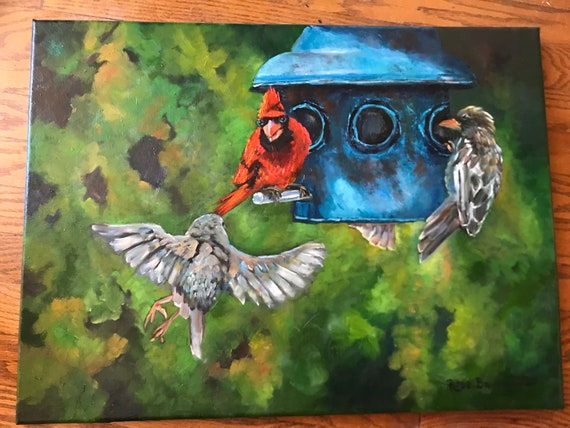 Bird original oil painting cardinal bird feeder songbirds office bedroom parlor decor art, gifts for moms women bird watchers