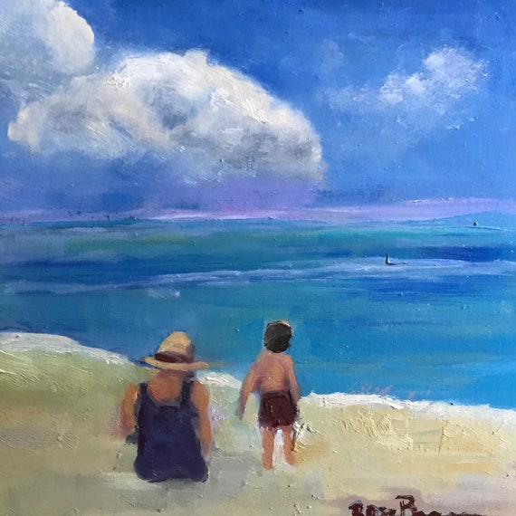 Beach painting, child at the beach, gift ideas for moms, small painting, secret Santa gift, office gift, mother and child at the beach