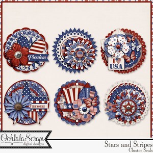Stars and Stripes Patriotic July 4th Cluster Seals, Elements and Embellishments Kit for Digital Scrapbooking