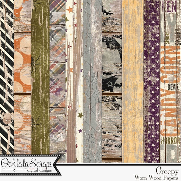 Creepy Halloween 12x12 Worn Wood Papers Digital Scrapbooking Kit ...
